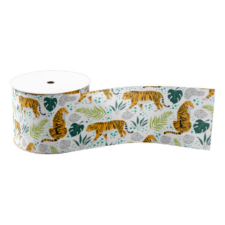 Ruban Gros-grain Tigres et Feuilles tropicaux Motifs