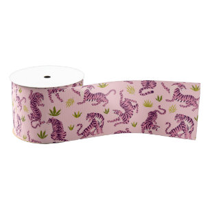 Ruban Gros-grain Tigres roses mignons Feuilles tropicales Animal ab