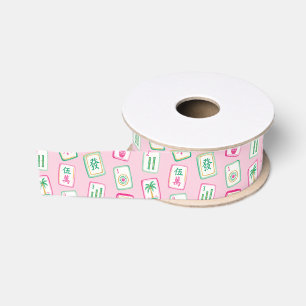Ruban Gros-grain Tuiles de Mahjong Rose et Vert de Palm Beach