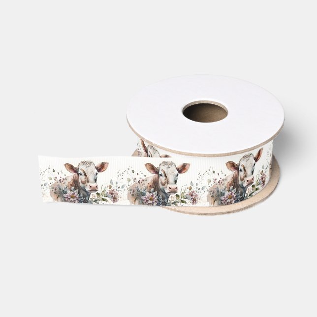 Ruban Gros-grain Vache Aquarelle En Fleurs (Bobine)