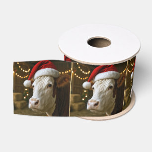 Ruban Gros-grain Vache Hereford de Noël portant un chapeau de Père
