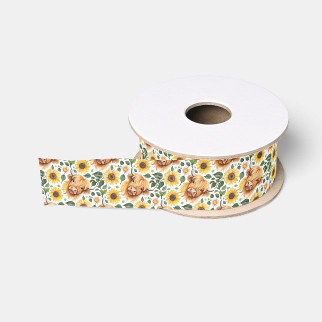 Ruban Gros-grain Vaches des Highlands mignonnes & Fleurs de tournes (Bobine)