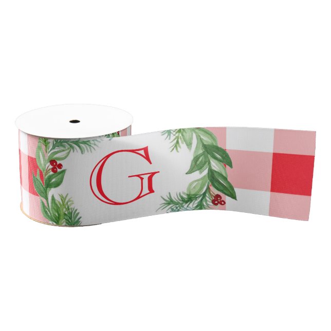 Ruban Gros-grain Watercolor Pine Wreath MONOGRAM Red Check (Bobine)