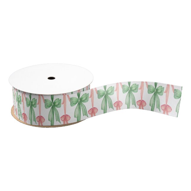 Ruban Gros-grain Watercolor Pink and Green Coquette Bows (Bobine)