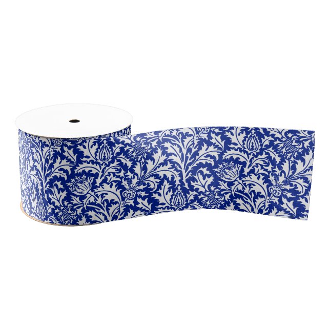 Ruban Gros-grain William Morris Thistle Damask White sur Cobalt Blu (Bobine)