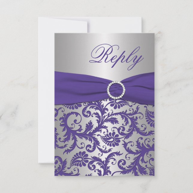 RUBAN IMPRIMÉ Carte de réponse en damas violet et  (Devant)
