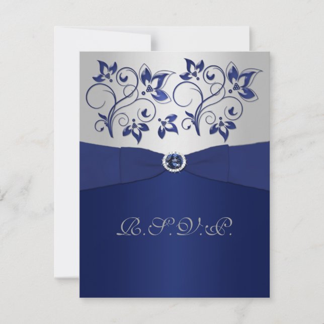 Ruban imprimé Carte de réponse Navy, fleurs argent (Devant)