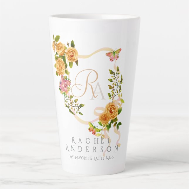 Ruban Rose Or Chic Monogramme Blanc Latte Mug (Devant)