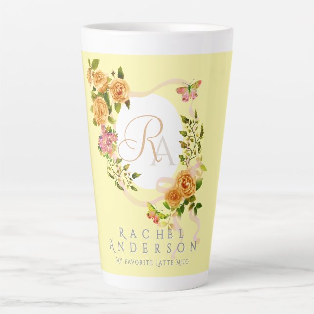 Ruban Rose Or Chic Monogramme Latte Jaune Mug (Devant)