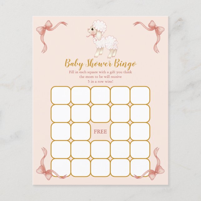 Ruban rose Petit Agneau Baby shower Bingo Jeu (Devant)