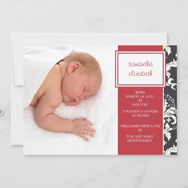 Ruban rouge et Faire-part de naissance Damas (Devant)