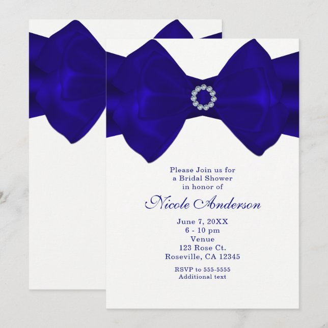 Rubans Bleu Royal & Diamants Invitations Élégantes (Devant / Derrière)