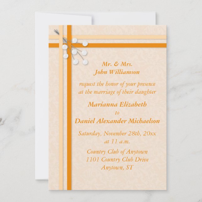 Rubans et invitation orange de mariage damassé de (Devant)