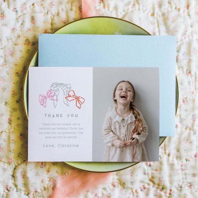 Rubans et vaches Merci couleur aquarelle (Ribbons and Bows watercolor birthday girl photo Thank You card.)