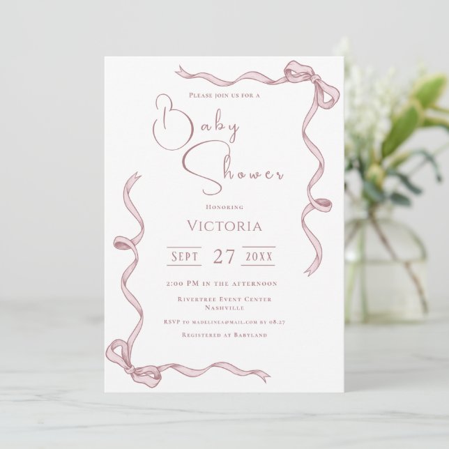 Rubans roses minimaliste Baby shower Invitation (Debout devant)