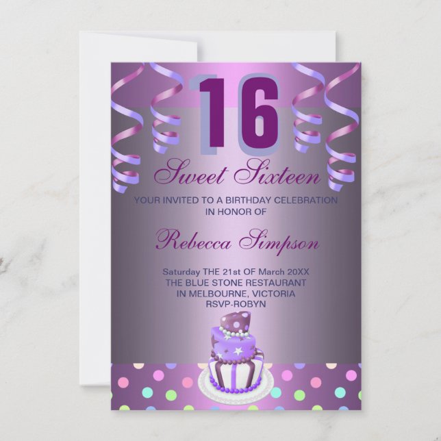 Rubans Violets & Gâteau Invitation Anniversaire Sw (Devant)