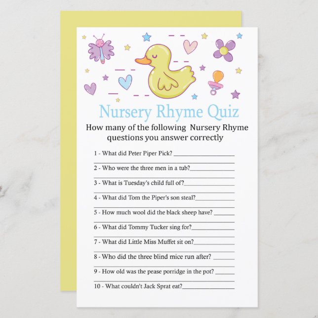 Rubber canard Nursery Rhyme Quiz jeu de baby showe (Devant / Derrière)