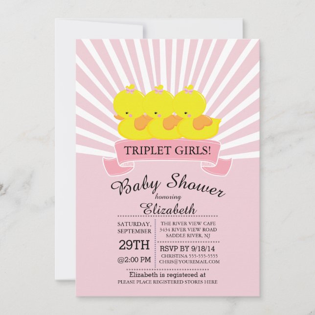 Rubber Canard Triplet Girls Baby Shower Invitation (Devant)