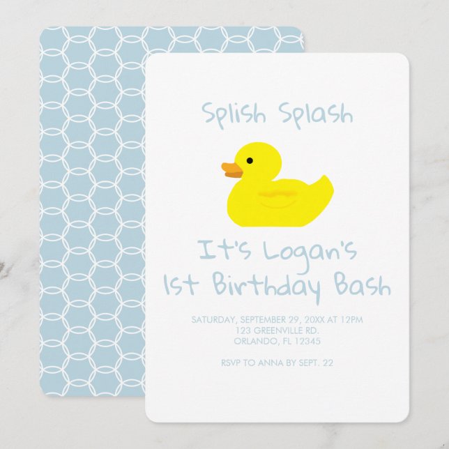 Rubber Duck Stripe First Birthday Party Invitation (Devant / Derrière)