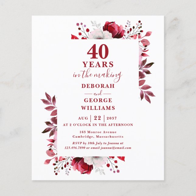 Ruby Budget 40e anniversaire Mariage Invitation fl (Devant)