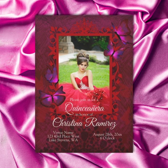Ruby Red, Antique Papillon Quinceanera Invitation (Fancy red and magenta pink quinceanera invitations)