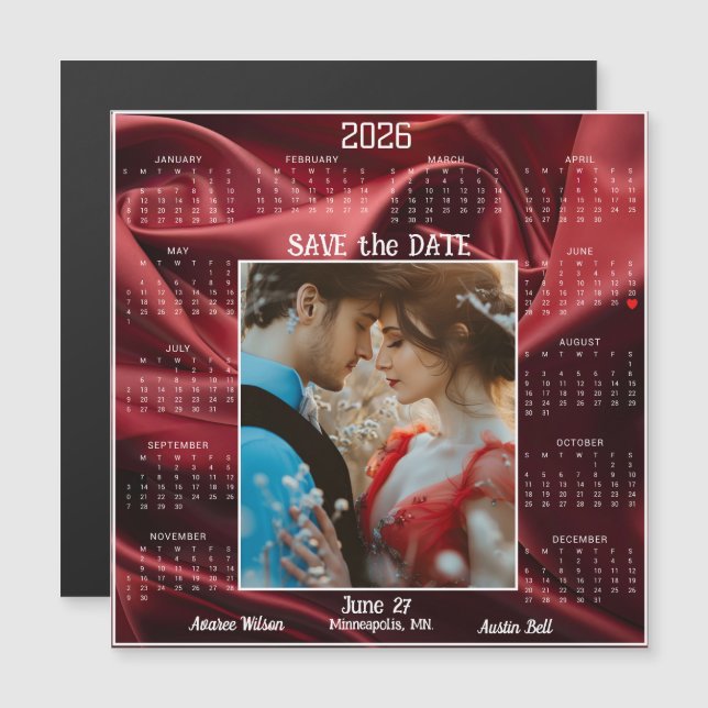 Ruby Red Luxury Satin Save the Date Engaged Couple (Devant / Derrière)