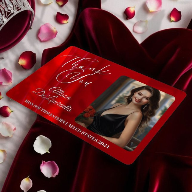 Ruby Shine Foil Carte de remerciements (Real foil highlights this custom photo pageant thank you card from the Regal Reds collection)