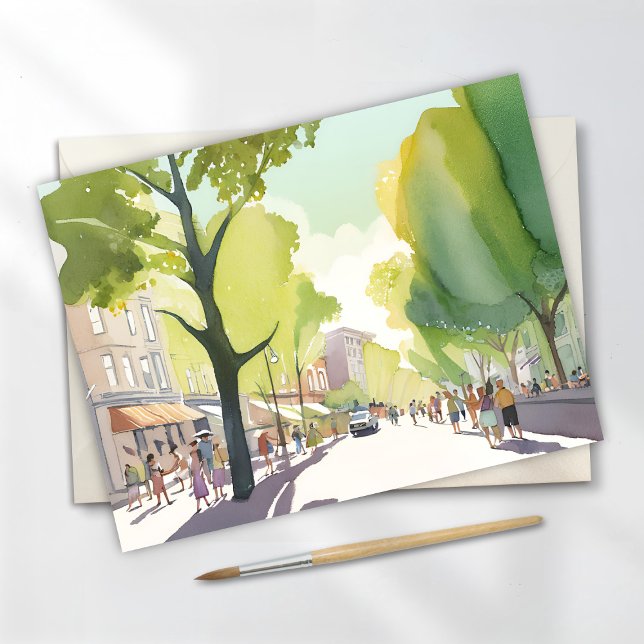 Rue Beacon Été | Boston, MA Carte aquarelle (Créateur téléchargé)