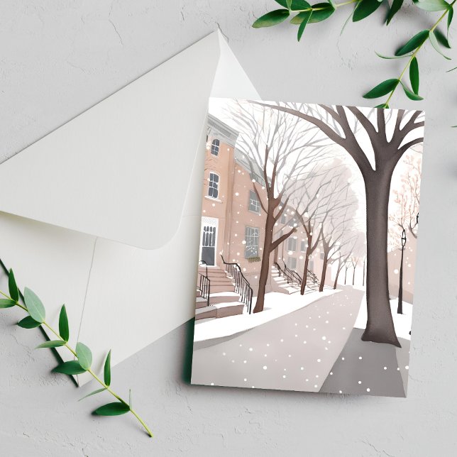 Rue de Brownstone | Carte aquarelle d'hiver enneig (Créateur téléchargé)