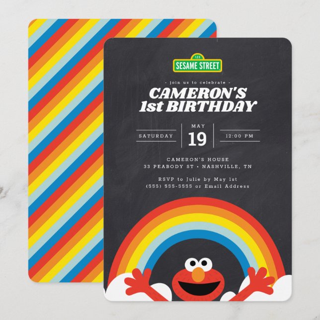 Rue Sésame | Elmo Rainbow Invitation Anniversaire (Devant / Derrière)