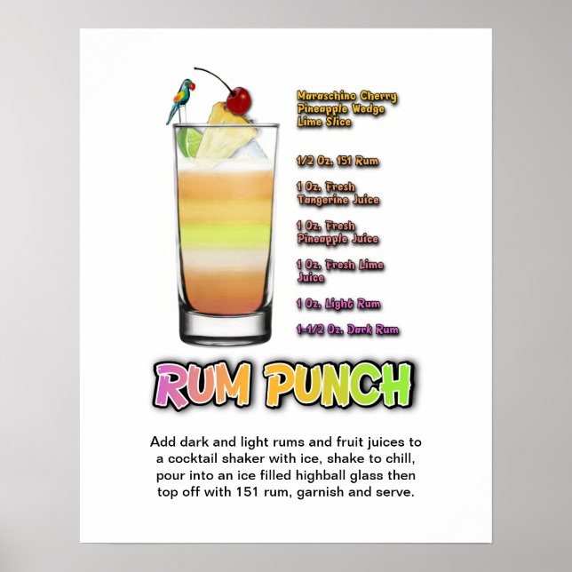 RUM PUNCH Cocktail Recette 16" x 20" Poster d'art (Devant)