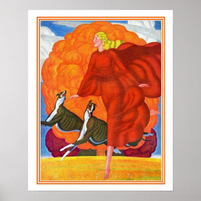 "Running With Greyhounds" Art Déco Impression 16x2 (Devant)