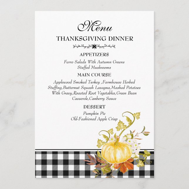 Russe Aquarelle Citrouille Plaid Thanksgiving Menu (Devant)