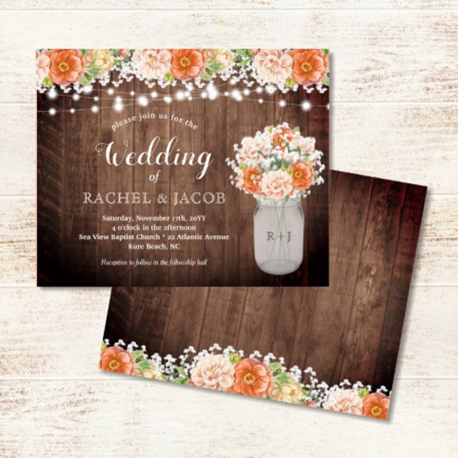 Russe Automne Orange Mason Jar Lumières Budget Mar (Rustic Mason Jar with Fall Florals & String Lights Wedding Invitation)