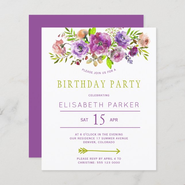 Russe budget floral invitation fête d'anniversaire (Devant / Derrière)
