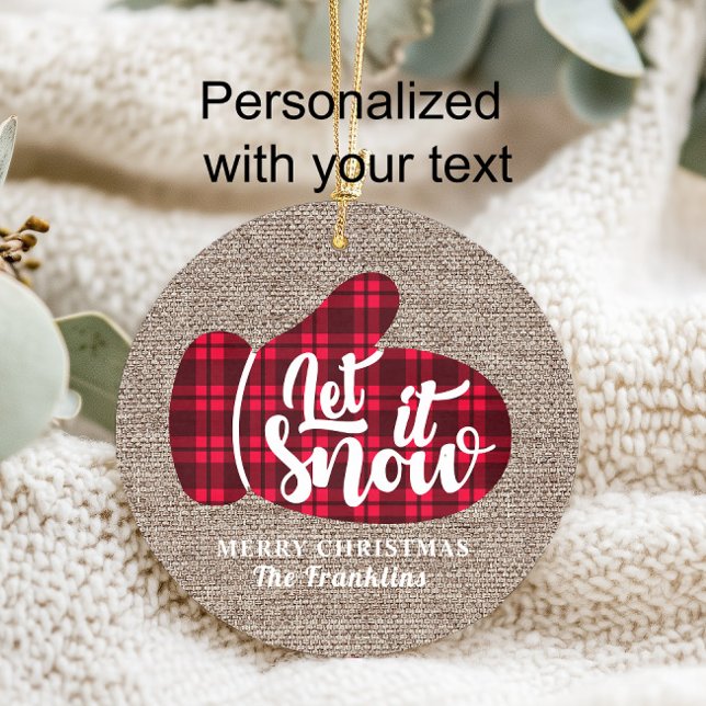 Russe Buffalo Plaid Burlap Laisser Il Neige Noël (Rustic buffalo plaid and burlap "Let it snow" Christmas ornament)