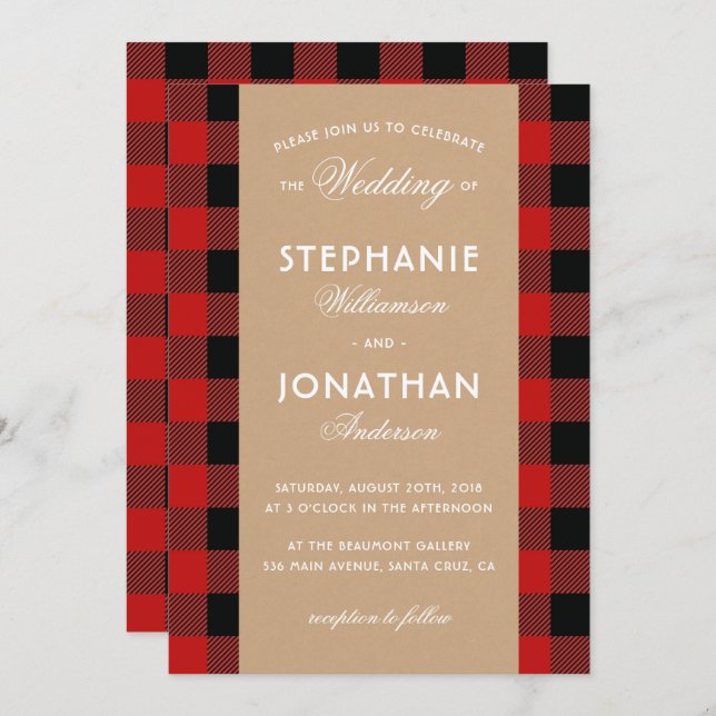 Russe Buffalo Plaid & Kraft Faire-part de mariage (Devant / Derrière)