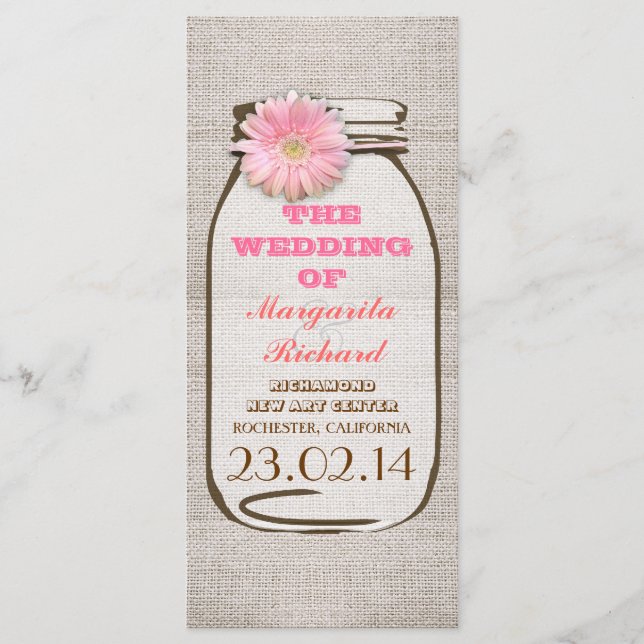 Russe burlap mason jarre programmes de mariage ros (Devant)
