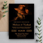 Russe Casquette Cowboy et Faire-part de mariage de<br><div class="desc">Éblouissez vos invités avec ce faire-part de mariage à thème occidental avec un beau casquette cowboy et des bottes avec typographie moderne contre un arrière - plan noir. Ajoutez simplement les détails de votre événement sur ce modèle facile à utiliser pour en faire une invitation unique.</div>