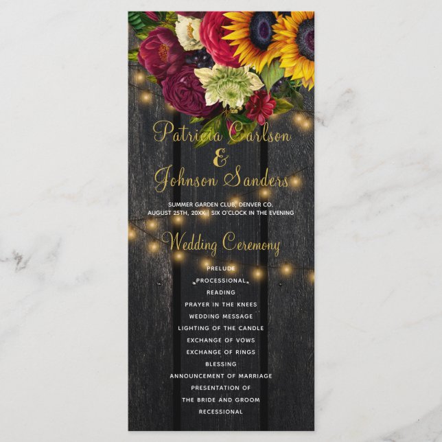 Russe floral bordeaux grange programme de mariage  (Devant)