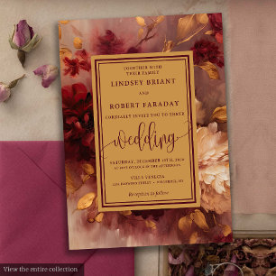 Russe Lux Deep Red Gold Roses Faire-part de mariag