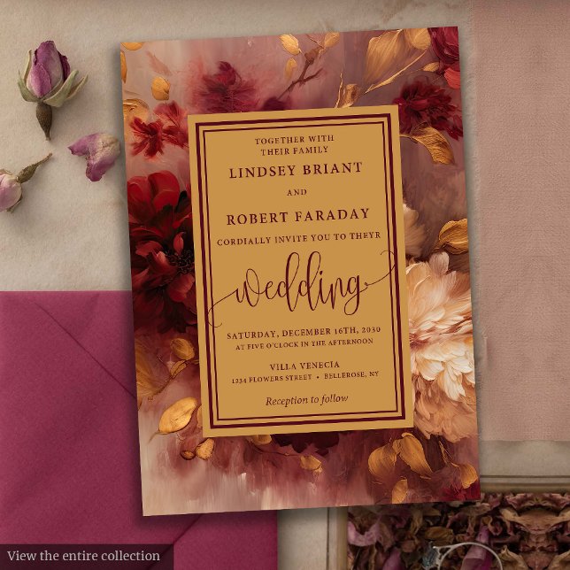 Russe Lux Deep Red Gold Roses Faire-part de mariag (Rustic Lux Deep Red Gold Roses Wedding Invitation)