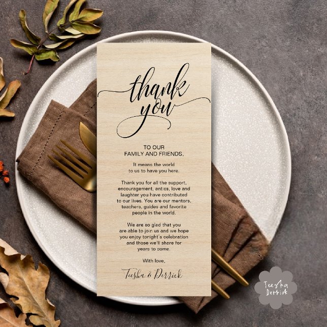 Russe Mariage Dîner Merci Place Carte de réglage (Rustic Wedding Dinner Thank you Place Setting Card in cottage brown wood theme)