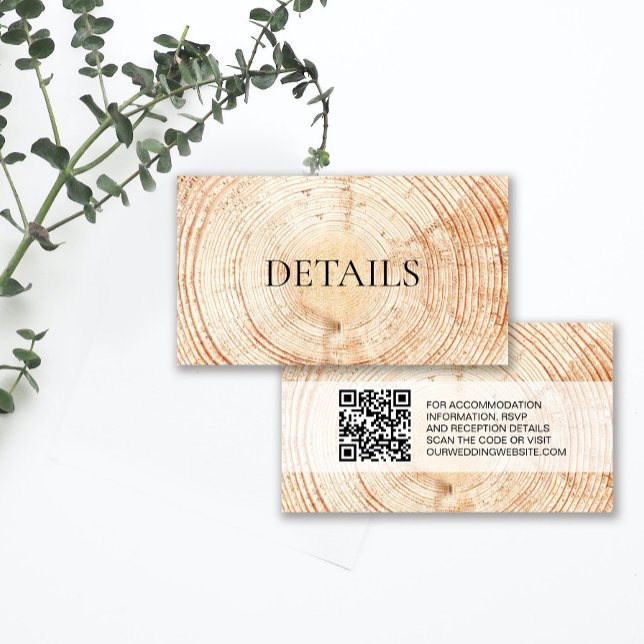 Russe Mariage Wood Grain Détails Code QR Modèle (Details enclosure card, rustic wood cut slice design with QR code wedding website.)