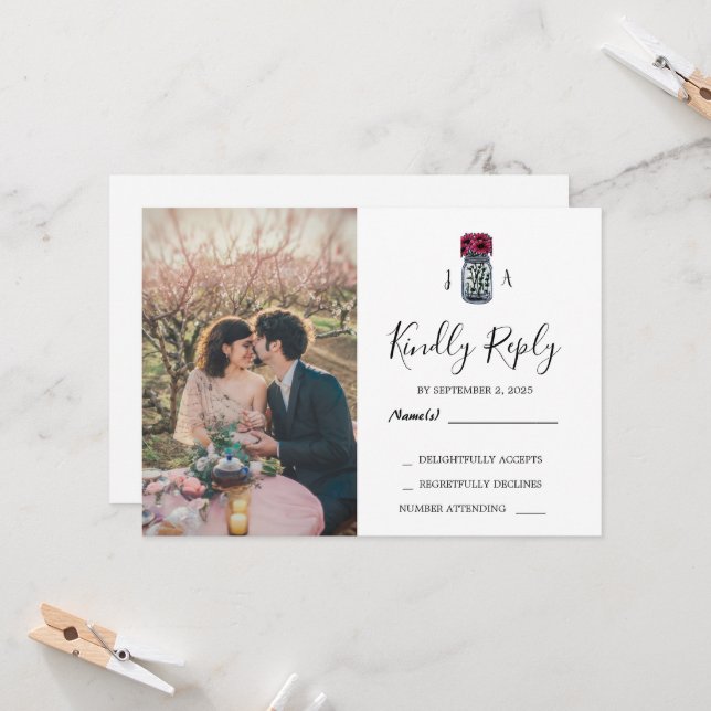 Russe mason pot photo mariage RSVP carte (Devant/Arrière en situation)