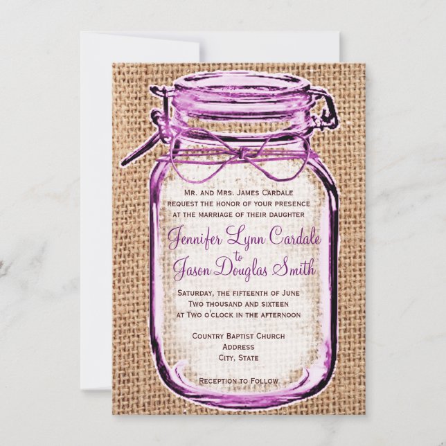 Russe Pays Mason Jar Burlap Faire-part de mariage (Devant)