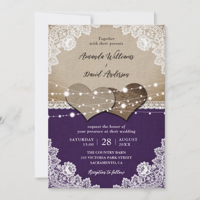 Russe Purple Burlap Faire-part de mariage dentelle (Devant)