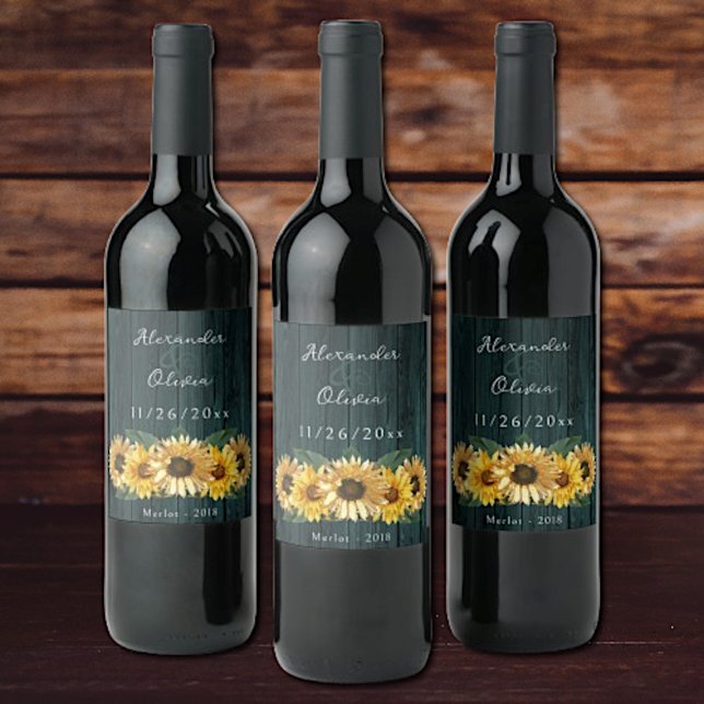 Russe Turquoise Tournesol Mariage Vin Étiquette (Rustic Teal Sunflower Wedding Wine Label)