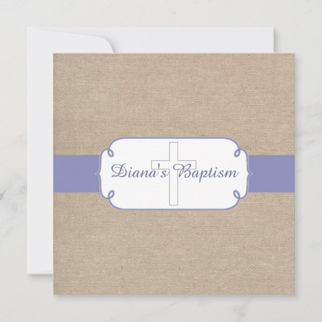 Russe violet beige Burlap Baptême Invitation (Devant)