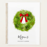 Russe Wreath Christmas Holiday Planner<br><div class="desc">Planificateur de vacances festif avec aquarelle illustration de couronne verte avec baies rouges et arc.</div>